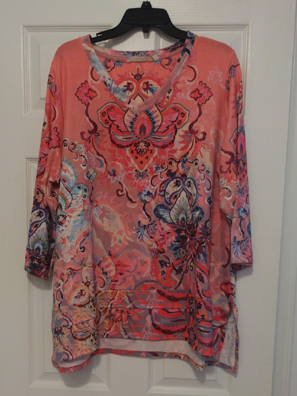 Soft Surroundings Coral Paisley V-Neck Tunic with Multicolor Print